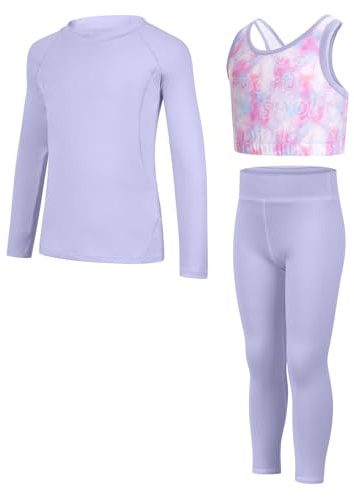 JiAmy Leggings Yoga per Bambina Set 3 Pezzi, Maglie Sportive a Manica Lunga, Top Corto in Stile Crop, Abbigliamento Sportivo per Ragazze 5-12 Anni