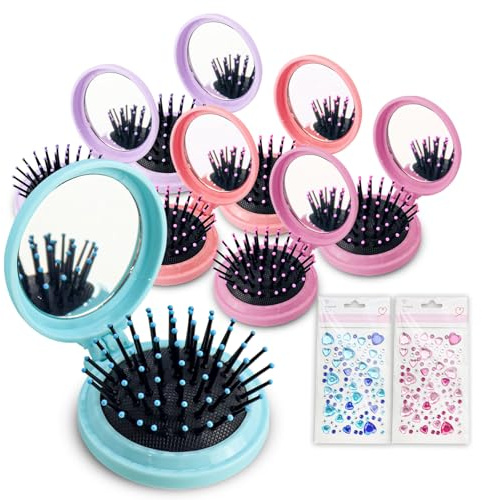 Lilingsty 4 Colors Folding Mirror Hairbrush, 2 in 1 Compact Pocket Mirror Comb with DIY Stickers, Round Mini Pocket Makeup Mirror for Travel Women Girls (48 Pcs)