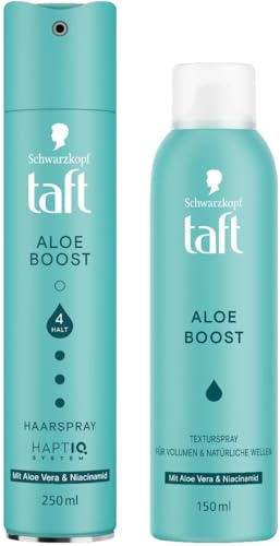 TAFT Laque pour cheveux (250 ml) et spray texturant (150 ml) à l'aloe boost, tous les types de cheveux, volume et ondulation naturelle, spray volume à l'aloe vera et à la niacinamide pour un look sans