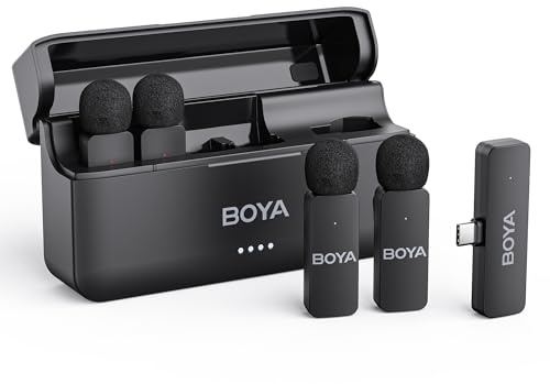 BOYA BY-V4U Micrófono de Solapa inalámbrico para iPhone 15/16 Series, Android, Tipo C con Estuche de Carga, 4 Canales, micrófono inalámbrico omnidireccional, cancelación de Ruido, 48kHz/16Bits, 200m
