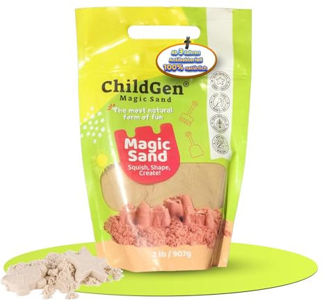 ChildGen Arena cinética, arena mágica, caja de arena, tapa con soporte, 100% natural, no tóxico, antibacteriano, arena de juego, juguete para niños a partir de 3 años, 907 g