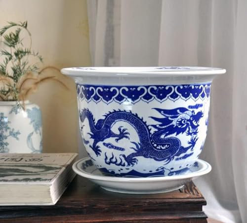 Pot de fleurs chinois en céramique bleu et blanc – Motif dragon dessiné à la main 17 cm – Pot de fleurs chlorophytum intérieur/extérieur – Décoration d'intérieur de style antique idéal pour les