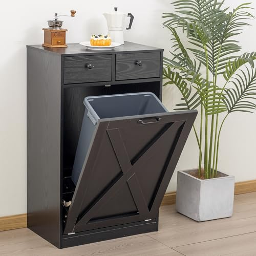 TDLEAYYD 13 Gallons Tilt Out Trash Cabinet, Hidden Trash Can Cabinet Wooden Free Standing Kitchen Trash Recycling Cabinet with Drawer for Kitchen (Black)
