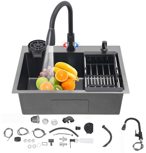 Fregadero de acero inoxidable, 60 x 45 cm, color negro, con grifo extraíble y lavavajillas para tazas, 1 lavabo, incluye tubo de drenaje, dispensador de jabón, cesta colador