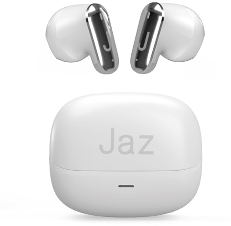 JAZ Orion - Cuffie Auricolari Semi In-Ear True Wireless Stereo, Ultra Compatti, Custodia di Ricarica, Microfono Integrato, Controlli Touch, per Smartphone, Tablet, Laptop, 20 Ore, Bianco