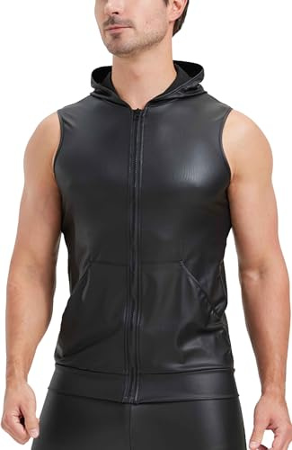 FEOYA Latex skjortor män ärmlös linne undertröja sexig wetlook t-shirt latexliknande män svart PU-läder ärmlös erotiska toppar män topp