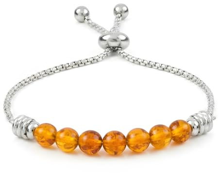 10:10 Armband för män kvinnor naturliga stenar bärnsten 6 mm, rostfritt stål, justerbart storleksarmband, tillverkat i Italien