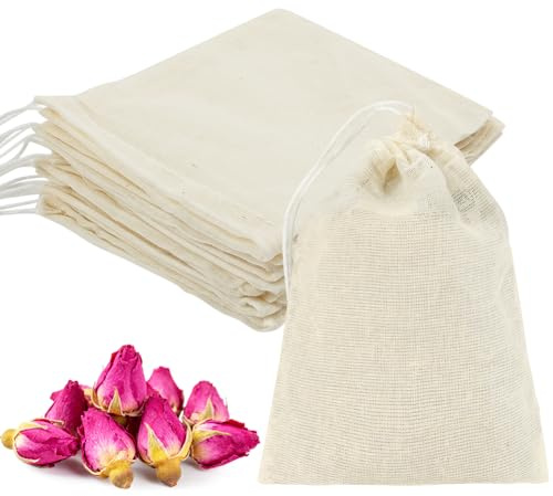 ABOHU 25 Pcs Reusable Tea Filter Bags with Drawstring, Cotton Muslin Bag Tea Bags Empty Teafilter, Tea Infusers Bag for Loose Leaf Teal, Cooking, Soup, Coffee, Spices Storage, 8 x 10 cm