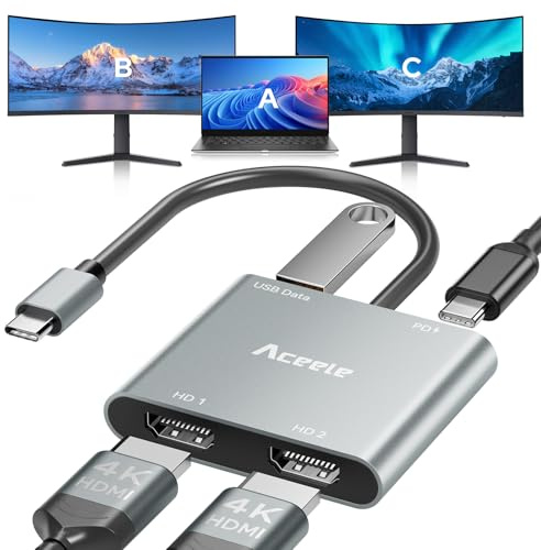 Aceele Adattatore USB C a Doppio HDMI 4K, Hub USB-C con PD 100W, Porta HDMI 4K@60Hz e Dati USB-A, Sdoppiatore Multipresa AV Digitale Tipo C Per iPhone/MacBook Pro Air/iPad/Chromebook/Surface, ecc.