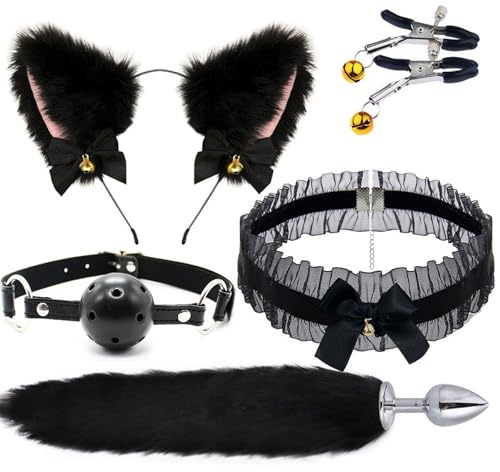 Ensemble de bondage, 6 pièces, accessoires BDSM, rigides, avec bâillon, pinces à tétons, plug anal, collier, oreilles de chat, bandeau, accessoires anaux pour cosplay, ensemble de sextoys pour couples
