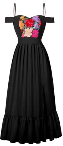 IDOPIP Robe Mexicaine Femme Traditionnelle, Folklorique Cinco de Mayo d'été Longue Épaules Dénudées Broderie Maxi Florale Volants Fente Maxi pour Festival Bohème Vacances Plage