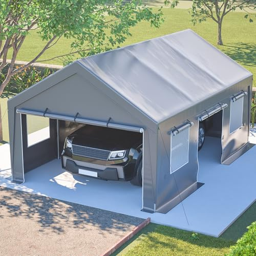 Lagertält, garagetält 611 cm brett, tältgarage vintersäkert med rullgardin-dörr och transparent fönster, skjul trädgård med stabil galvaniserad stålram (396 x 611 x 300 cm)