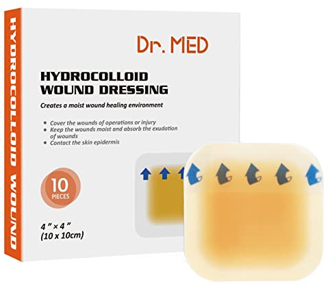 Dr. Med Hydrocolloid Wound Dressing 4x4-10 Pack/Box, Waterproof Adhesive Bordered Bandage, for Light Exudate, Abrasions, Pressure Ulcer, Bed Sore, Superficial Wound Care