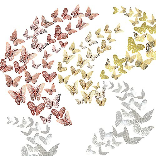 Allazone 108 Stück 3D Schmetterlinge Deko 3D Schmetterling Wandtattoo Schmetterling Aufkleber für Wohnzimmer, Kinderzimmer, Türen, Fenster, Badezimmer, Gold, Silber, Roségold