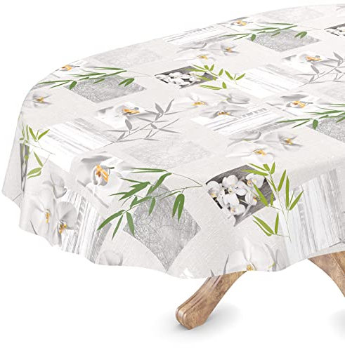 Nappe de table en toile cirée, lavable, bord coupé, style orchidée spa, facile à entretenir, ovale 140 x 160 cm