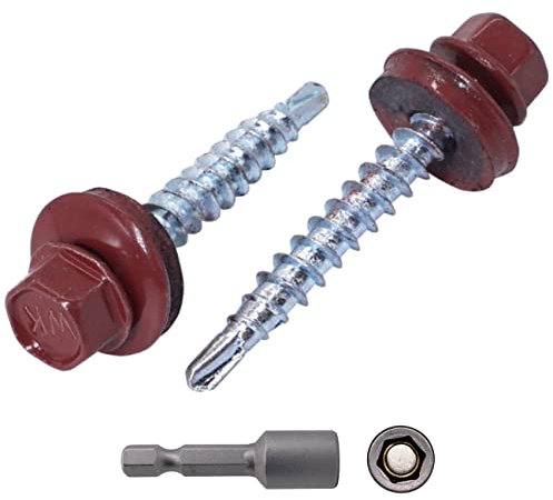 SKIR'CO Confezione da 140 viti per coperture in metallo, 4,8 x 35 mm, verniciate autoperforanti con rondelle in EPDM, viti esagonali in lamiera (140, rosso ossido RAL 3009)