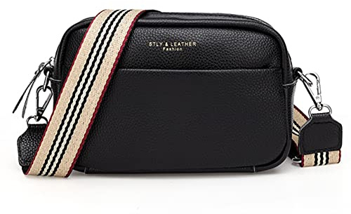 Sac à bandoulière pour femme en cuir véritable avec large sangle, design tendance, sac à main, sac pour appareil photo, fermeture zippée sur le dessus, A01-noir., 8.66x6.3x3.15in