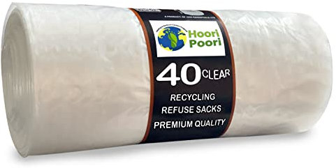 HooriPoori 100L 40 extra large Strong Clear Recycling Bags, 35 μm Strong Leak Tear Resistant, Transparent Bin Liners, See through heavy duty bin bag, Refuse Sacks 100% Recycled Material & Eco Friendly