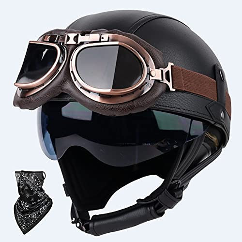 DOT/ECE Genehmigt Leder Halbschalenhelm, Retro Motorrad Halbhelm mit Brille, Schnellverschluss Schnalle, Erwachsene Halbschale Jet-Helm, Scooter-Helm, für Cruiser, Scooter(55~62CM)