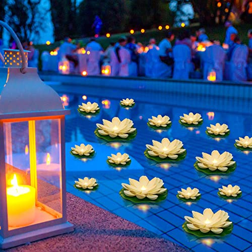 Liliful 36 Luces Flotantes para Alberca Linternas de Agua de Nenúfar Flores de Loto Flotantes Artificiales Realistas para Piscina con Luz LED, Funcionar con Pilas (Blanco, 3.94, 5.91 Pulgadas)