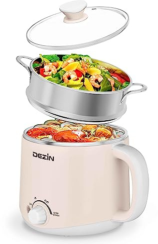 Dezin Hot Pot Electric with Steamer, Rapid Noodles Cooker, Stainless Steel Electric Pot 1.6 Liter, Perfect for Ramen, Egg, Dumpling, Soup, Oatmeal with Temperature Control and Keep Warm Function