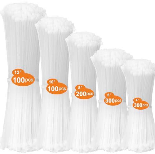 DUNSOO Kabelbinder 1000 Stück Kabelbinder Set 100/150/200/250/300mm kabelbinder Weiß Kabelbinder UV Bestandig Temperaturbeständig, Chemische Resistenz Cable Ties Heavy Duty Starke Zip Ties (Weiß)