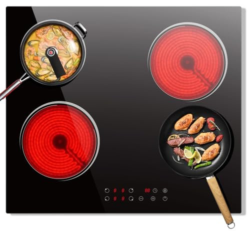 4 Zone Electric Hob, Nefaracy 60cm Ceramic Hob 6000W, Built-in Electric Ceramic Hob with Touch Control, Timer, Safety Lock, 220V Hard Wire