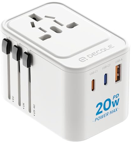 Universal Travel Adapter, International Travel Plug Adapter with 2 USB-C(PD 20W) ＆ 1 USB-A Ports, All in One Portable for USA, UK, EU, AU ＆ 224+ Countries (White) UK