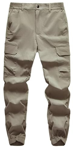 BASADINA Boys Cargo Joggers Pants Elastic Waist Quick Dry Sweatpants School Casual Trousers for Kids with Pockets 7-16 Years Khaki