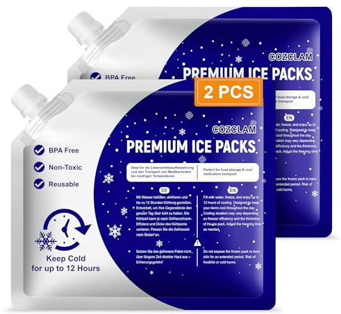 COZCLAM Set di 2 batterie refrigeranti per borsa frigo, contenitore refrigerante e zaino refrigerante, riutilizzabili, con lunga durata di raffreddamento fino a 12 ore, facile da riporre, a prova di