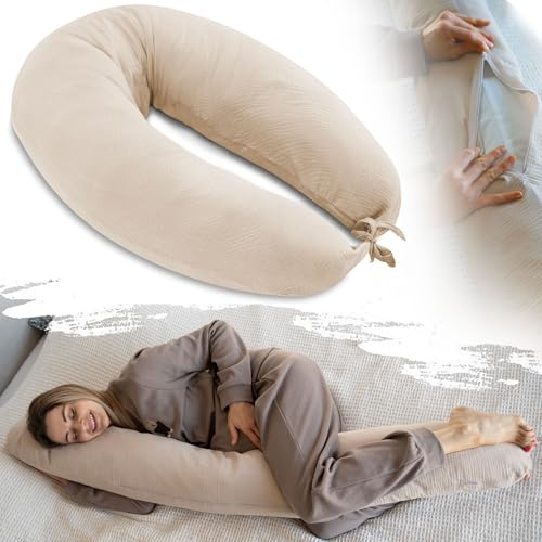 PaLulli® Oreiller infirmière XL - 160 x 30 cm - Housse en muslin - Taie d'allaitement - 100 % coton biologique - Oreiller confortable - Nid pour bébé adulte