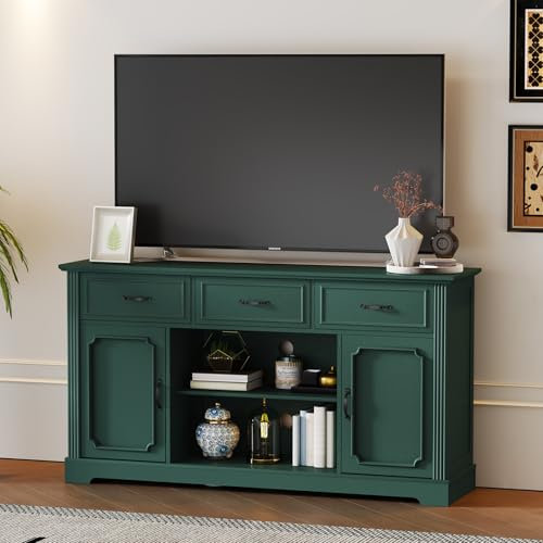 HOLTICO TV Stand Cabinet with 3 Drawers, Mid Century Wooden TV Stand Unit with Storage, Green Modern Sideboard for 55/60/65 Inch Television, TV Units for Living Room, Bedroom