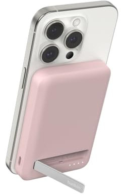 Belkin BoostCharge Pro Wireless Power Bank 5000mAh with Qi2, MagSafe compatible portable charger + built-in pop-up kickstand, battery pack for iPhone 16, iPhone 15, 14, 13, 12 and more - Pink