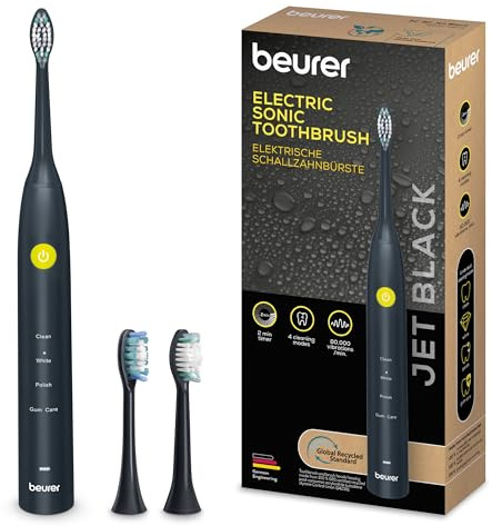 Beurer SC 30 Schallzahnbürste Jet Black, elektrische Zahnbürste mit 4 Putzmodi, 80.000 Schwingungen, mit akustischem Quadranten-Timer & LED-Anzeige, inkl. 2 Aufsteckbürsten, 100% recyceltes Gehäuse