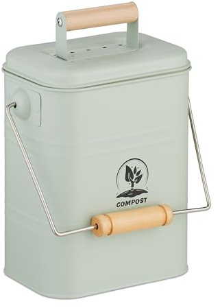 Relaxdays Compostera Cocina 3,5 L con Tapa y 2 Filtros Carbón Activo, Cubo Compostaje Basura Orgánica Metal, Verde Menta