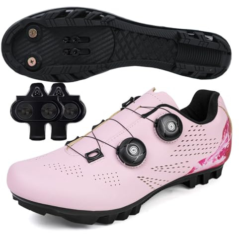 Treer Chaussure VTT Hommes Chaussures Velo 36-47 EU Chaussures de Cyclisme Homme et Femmes VTT Velo avec Crampons Antidérapants Semelle Dure (Rose,46)