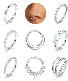 Adramata 8Pcs Piercing Nariz Acero Quirurgico Septum Piercings Hipoalergénico CZ Ópalo Pendiente Aros Pequeño Piercings Nariz Aro Piercing Oreja Tragus Helix Oro Plata