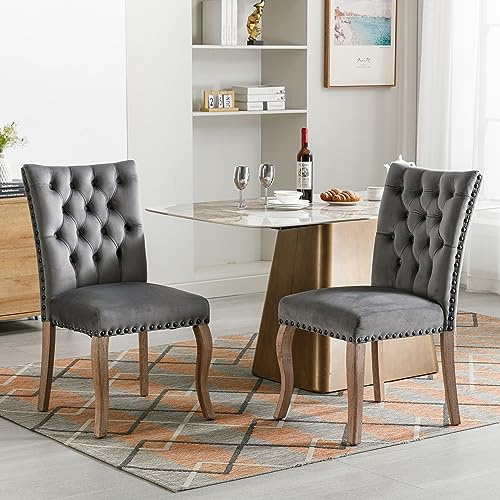Generisk sammet vadderad matstol med massiva träben och kopparnageldekor – modern fåtölj med dörrknackningsdesign, grå och beige, 150 kg lastkapacitet