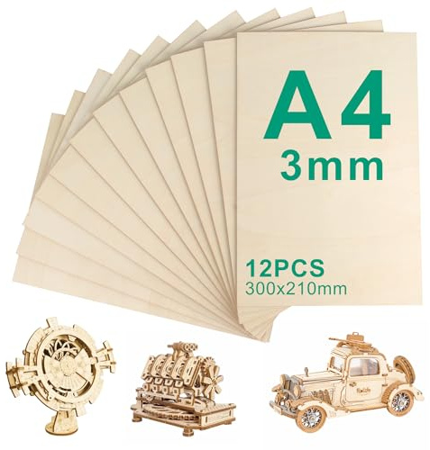 12 Piezas Contrachapado A4, 300 x 210 mm Contrachapado 3mm, Tablero de Madera y Tablero Madera para Bricolaje, Maderas para Bricolaje y Madera Manualidades, para Laser x, Modelismo y Pirograbado