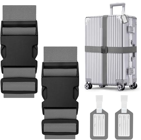 Aulese 2 Pack Luggage Straps, Adjustable Suitcase Straps with Luggage Tags, High-Visibility Luggage Straps for Suitcases, Travel Accessories Luggage Belt for Baggage (Grey)