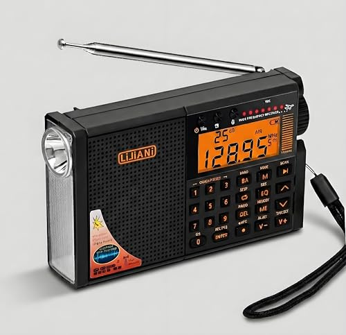 LIJIANI Shortwave Radio AIR/VHF/AM/FM/SW/Weather Bands Transistor with TF Card/Flashlight,Key Backlight, Digital Record, Alarm Clock,Sleep Timer,Powered by AA and Lithium Battery ANT Jack (RD239)