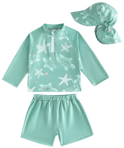 Fohuanky Ensemble de Maillot de Bain 2 pièces pour Petit garçon avec Casquette, t-Shirt de Bain à Manches Longues et Short, Tenue de Protection Solaire pour Enfants, la Piscine et Les Vacances