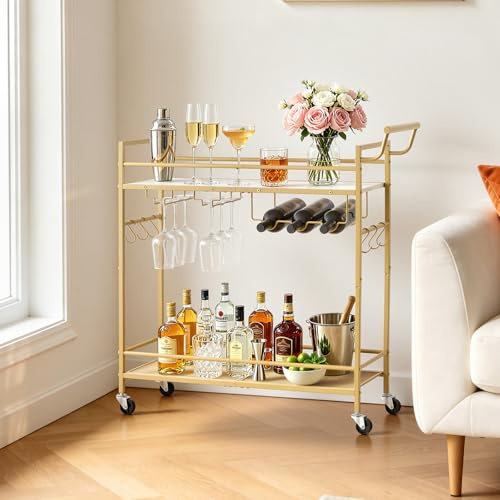 VEVOR Bar Cart, 2 Tiers Home Kitchen Serving Carts, Modern Rolling Utility Station on Wheel, Mobile Drink Beverage Trolley with Wooden & Mesh Shelf, Wine Rack, Glass Holder, 33.86x11.81x32.68 in, Gold