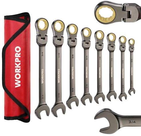 WORKPRO 8-piece Flex-Head Ratcheting Combination Wrench Set, SAE 5/16-3/4 in, 72-Teeth, CR-V Constructed, Nickel Plating with Organizer Bag