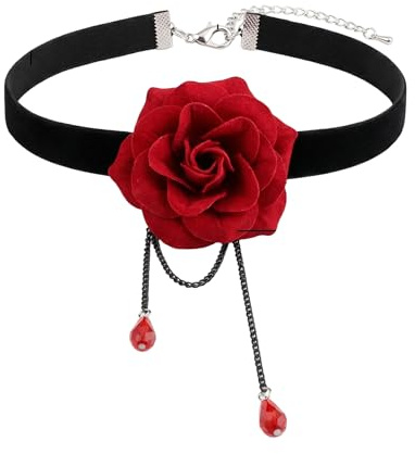 1 Collier ras-de-cou de style gothique Lolita avec rose, pour femmes, filles, collier élégant effet rétro avec chaîne tombant au niveau de la clavicule - cadeau de Noël idéal Free Red