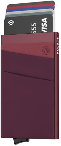 VULKIT Tarjetero Hombre o Mujer con Bolsillo Billetes Porta Tarjetas Pop Up Tarjeteros RFID Bloqueo Pequeño Funda Tarjeta Credito Metalico, Vino