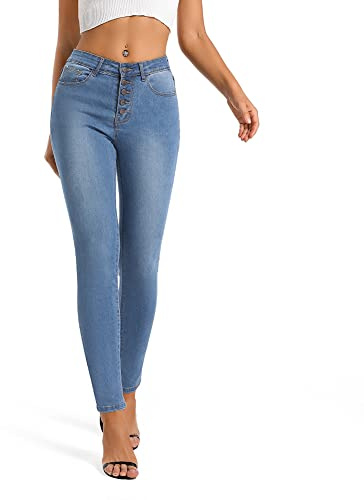 MIRLCIMR Womens High Waist Stretch Pants 5 Button Push Up Butt Lifting Skinny Colombian Jeans,Light Blue,12