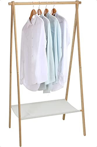 idooka Bamboo Clothes Rack w/Textile Shoe Shelf - Adult/Kids Clothes Rail W86cm x D57cm x H155cm - Lightweight Foldable Coat Stand w/Shoe Rack 3.265kg - Open Bedroom Wardrobes for Bedroom Storage