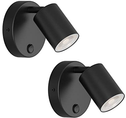 Klighten 2 Stück Wandleuchte Innen, GU10 Schwarz, 350° Wandstrahler Spot Drehbar Wandlampe mit Taste Wandleuchten und Aluminium Wandspot, für Wohnzimmer Schlafzimmer Küche Treppe, Ohne Leuchtmittel