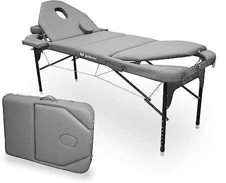 WELLCORE Faltbare Klappliege aus Aluminium, mit doppelter Rückenlehne, klappbar, 185 x 65 cm, Kunstleder, höhenverstellbar, Gelenkkopf, Gesichtsloch, Farbe: Silber, Transporttasche, bis 225 kg